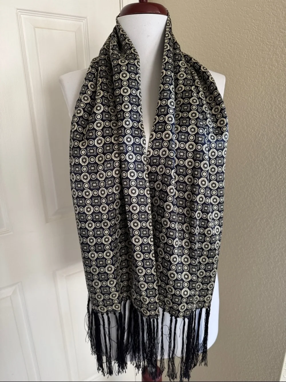 Silk Geometric Black & Cream Scarf with Fringe
